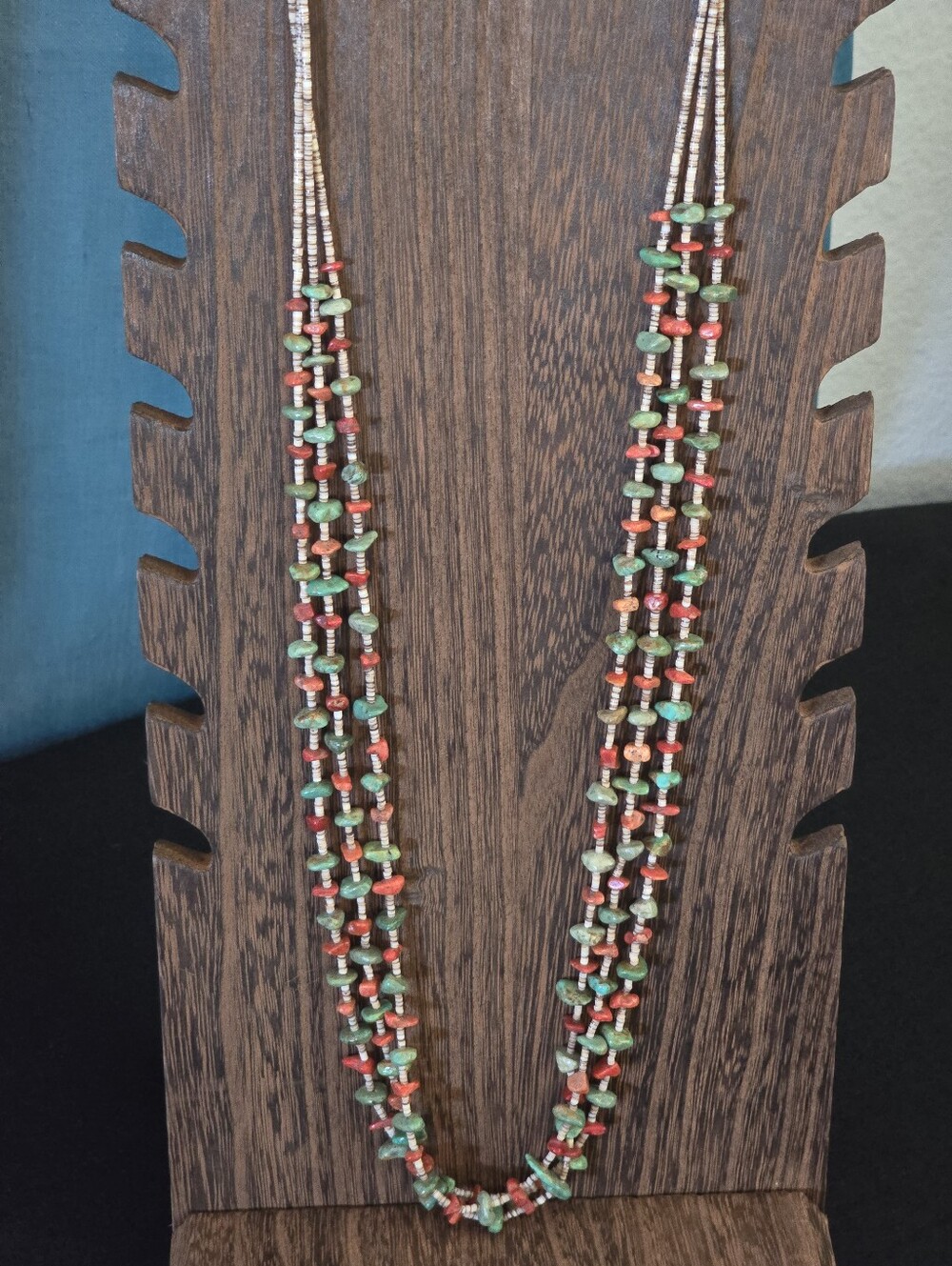Traditional 3-Strand Santo Domingo Kewa Pueblo Heishi Turquoise & Coral Necklace